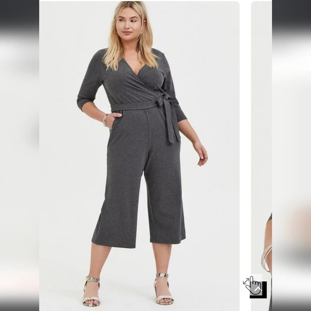 TORRID Sz. 0/12/Large Charcoal Grey Terry Knit Stretch Belted Culotte Jumpsuit